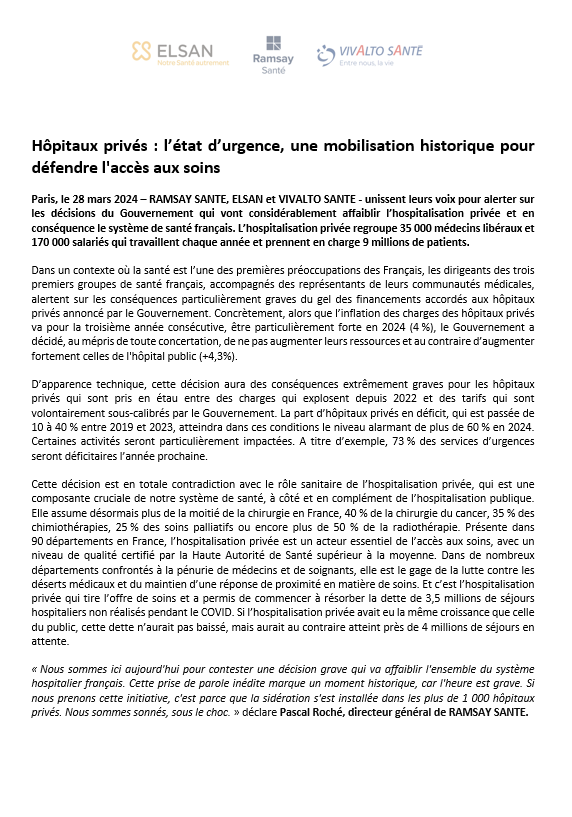 Communiqué de presse Hopitaux privés l'état d'urgence