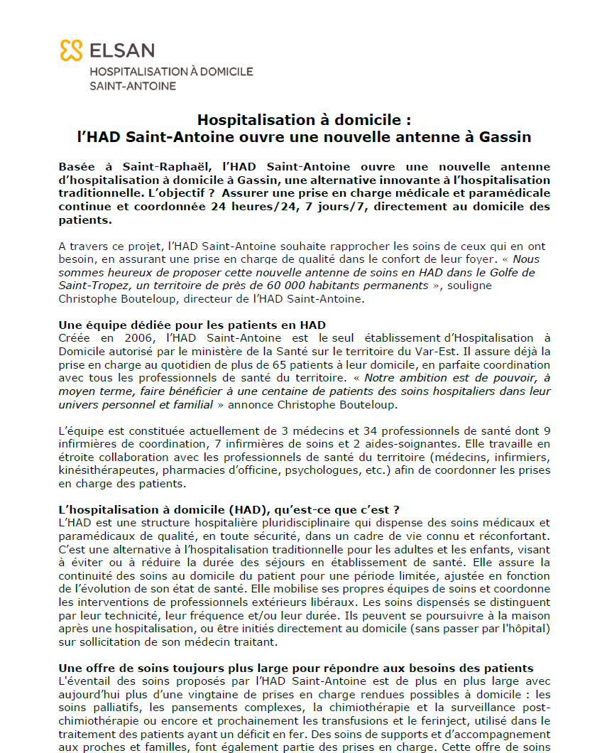 Hospitalisation à domicile :  l’HAD Saint-Antoine ouvre une nouvelle antenne à Gassin