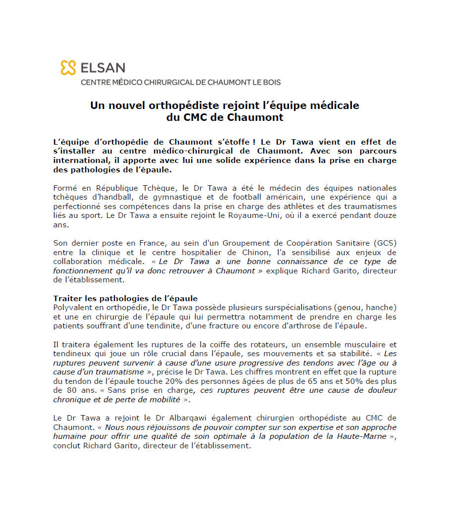 Un nouvel orthopédiste rejoint l’équipe médicale  du CMC de Chaumont