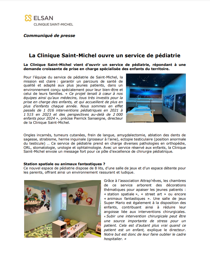 Communiqué de presse : La Clinique Saint-Michel à Toulon ouvre un service de pédiatrie