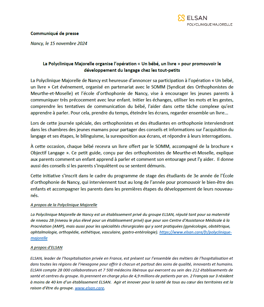 La Polyclinique Majorelle organise l'opération "Un bébé, un livre" pour promouvoir le développement du langage chez les tout-petits