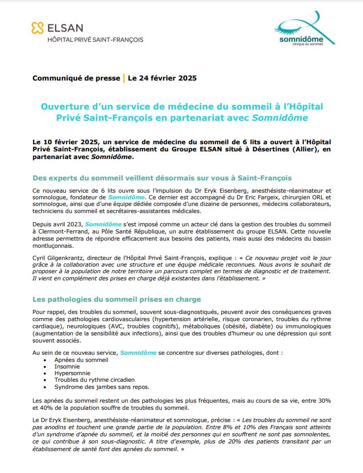 Ouverture d'un service de médecin du sommeil à l'Hôpital Privé Saint-François