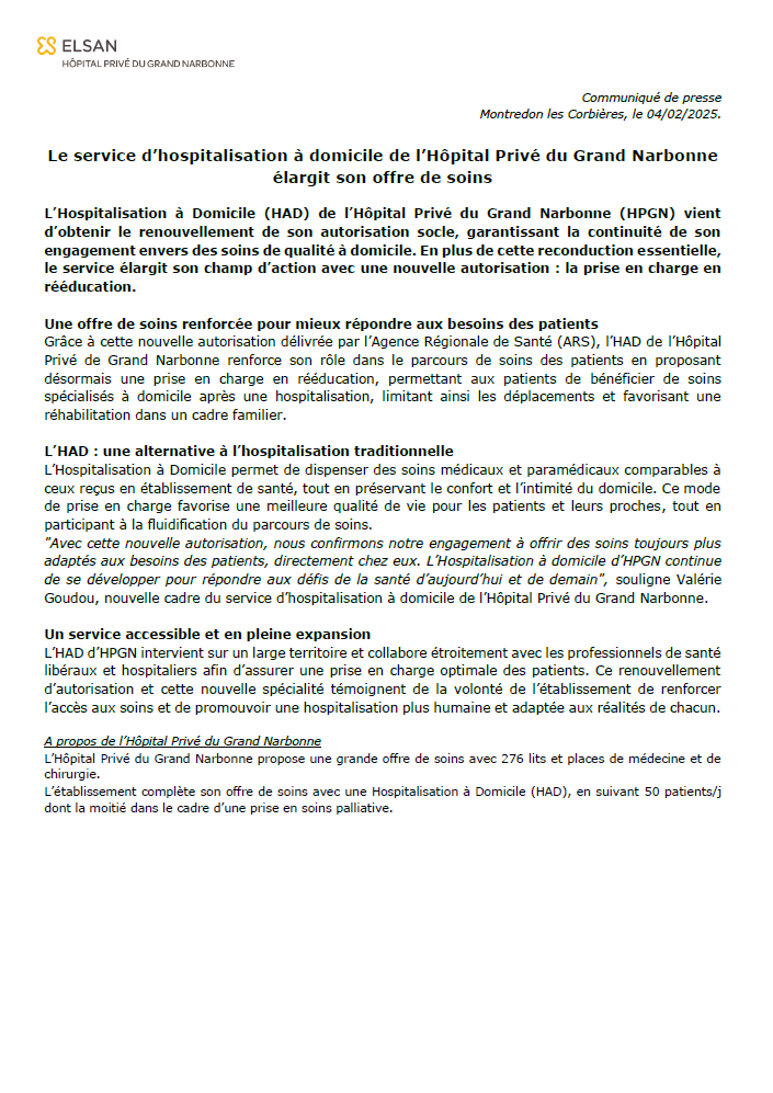 Communiqué de presse : HP du Grand Narbonne élargit élargit son offre de soins en HAD