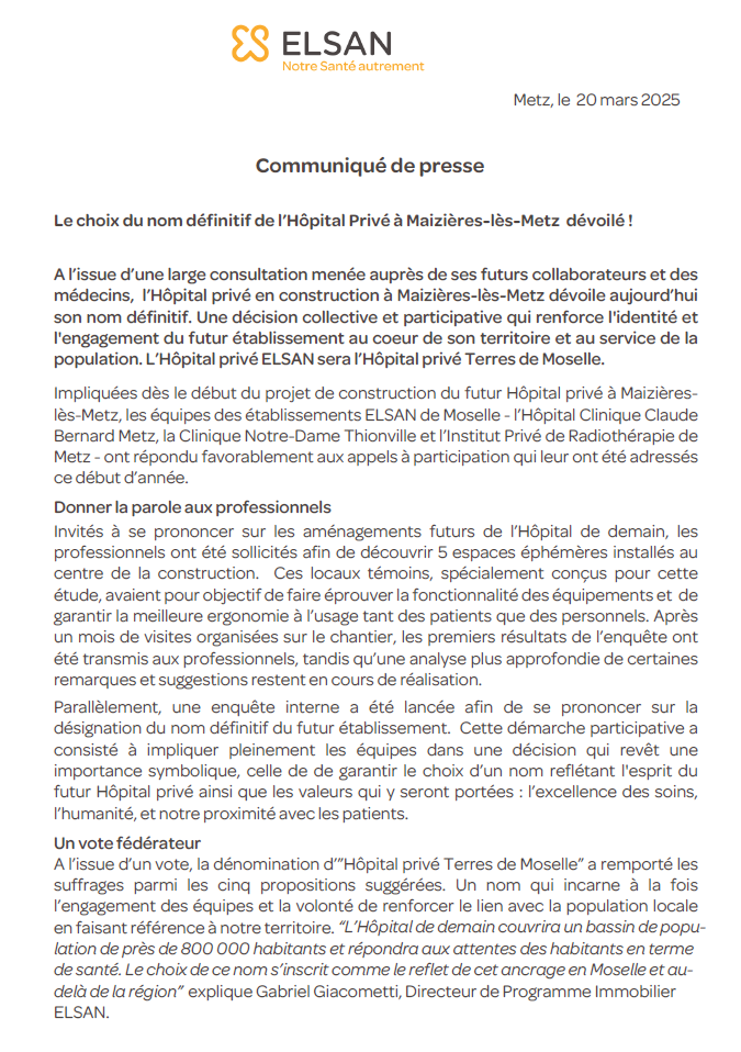Le choix définitif du nouvel hôpital d'ELSAN : Terres de Moselle