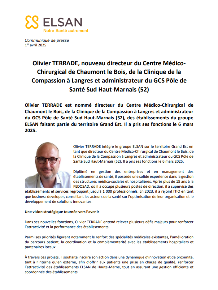 Olivier TERRADE est le nouveau directeur de CMC de Chaumont le Bois et de la Clinique de la Compassion