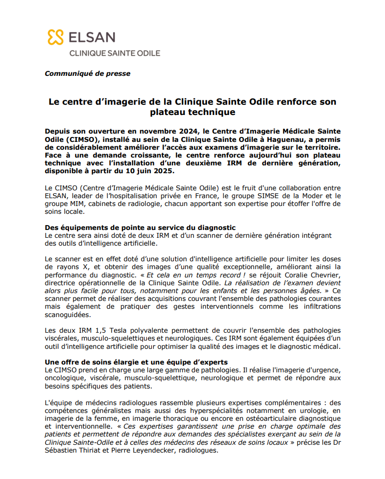 Ste Odile : une avancée technologique grâce à l'acquisition de la 2e IRM 1,5 Tesla polyvalente