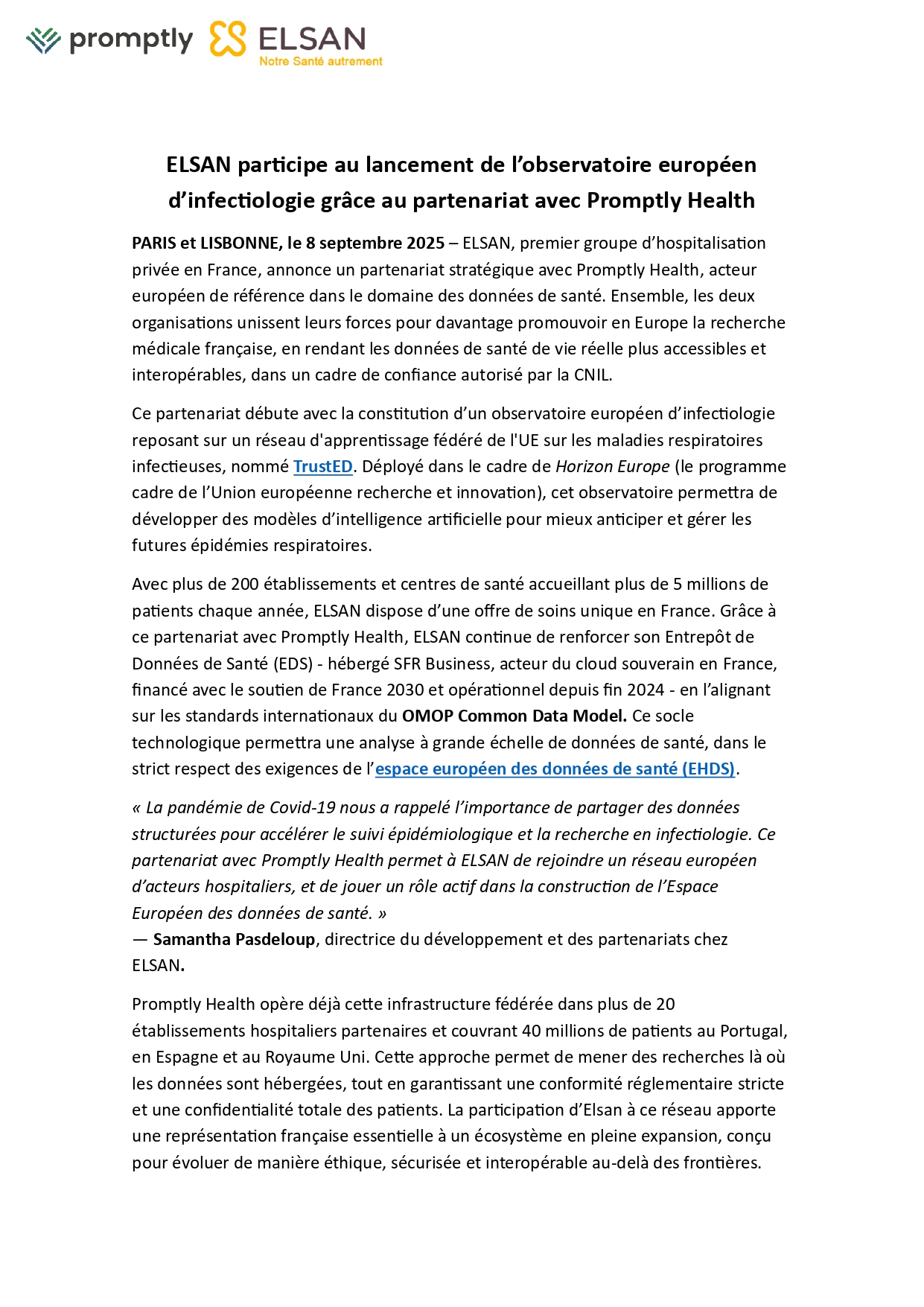 Elsan signs strategic partnership with Promptly Health and enters European Data Network to Power the Next Era of Medical Innovation