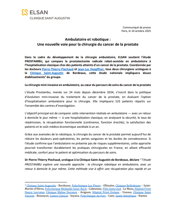Chirurgie mini-invasive : une étude nationale évalue la prostatectomie robotique en ambulatoire dans les établissements ELSAN