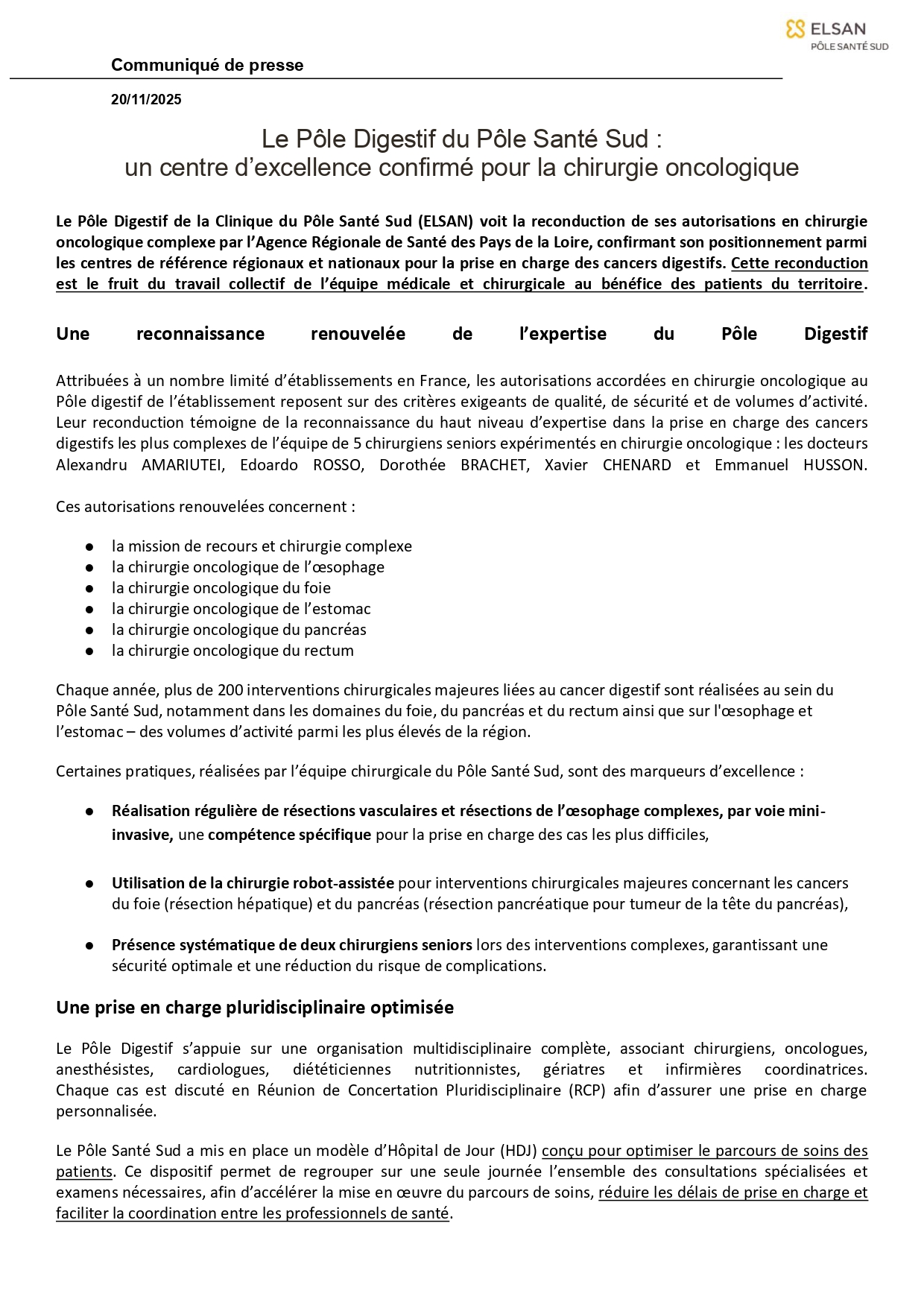 CP Le Pôle Digestif du Pôle Santé Sud un centre dexcellence confirmé pour la chirurgie oncologique 