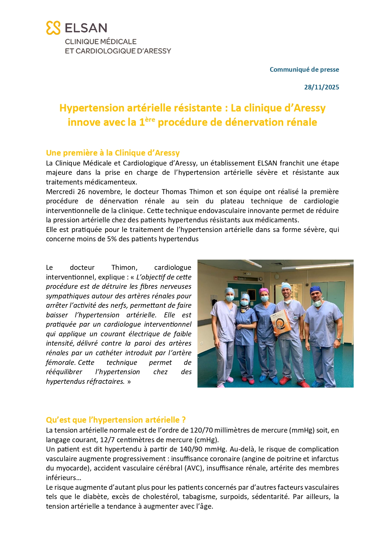 CP dénervation rénale sur la clinique Aressy pour traitement des patients hypertendus sévères et réfractaires