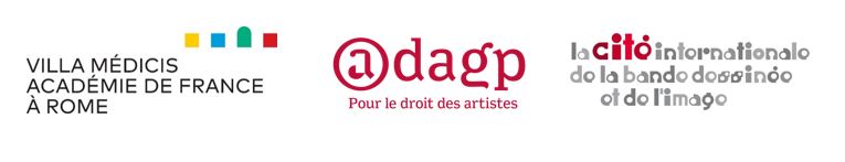 Logos des partenaires ADAGP, Villa médicis et Cité de la bande dessinée Angoulême