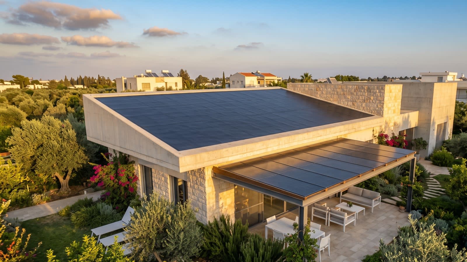 מבט מלמעלה על בית פרטי מודרני עם פאנלים סולאריים גמישים צמודים לגג ולפרגולה