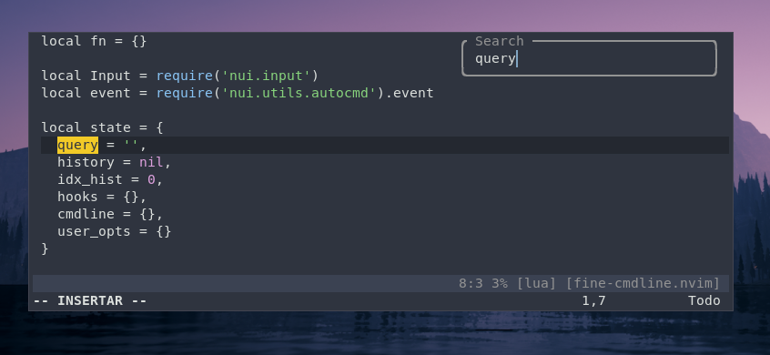 Neovim in a terminal, displaying a wonderful searchbox