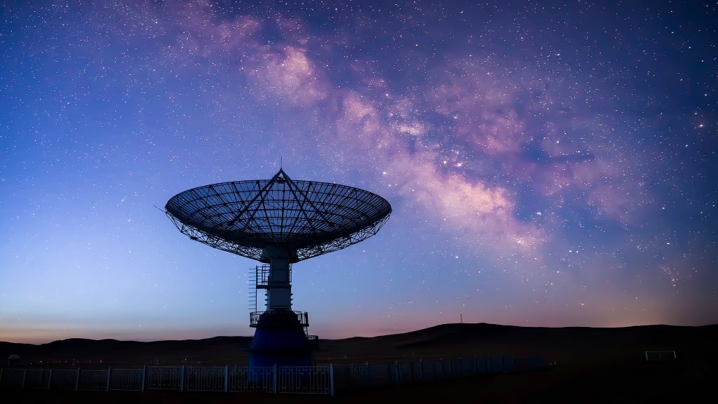 Satellitenantenne unter der Milchstrasse – Titelbild Derinews: Weltraumwirtschaft