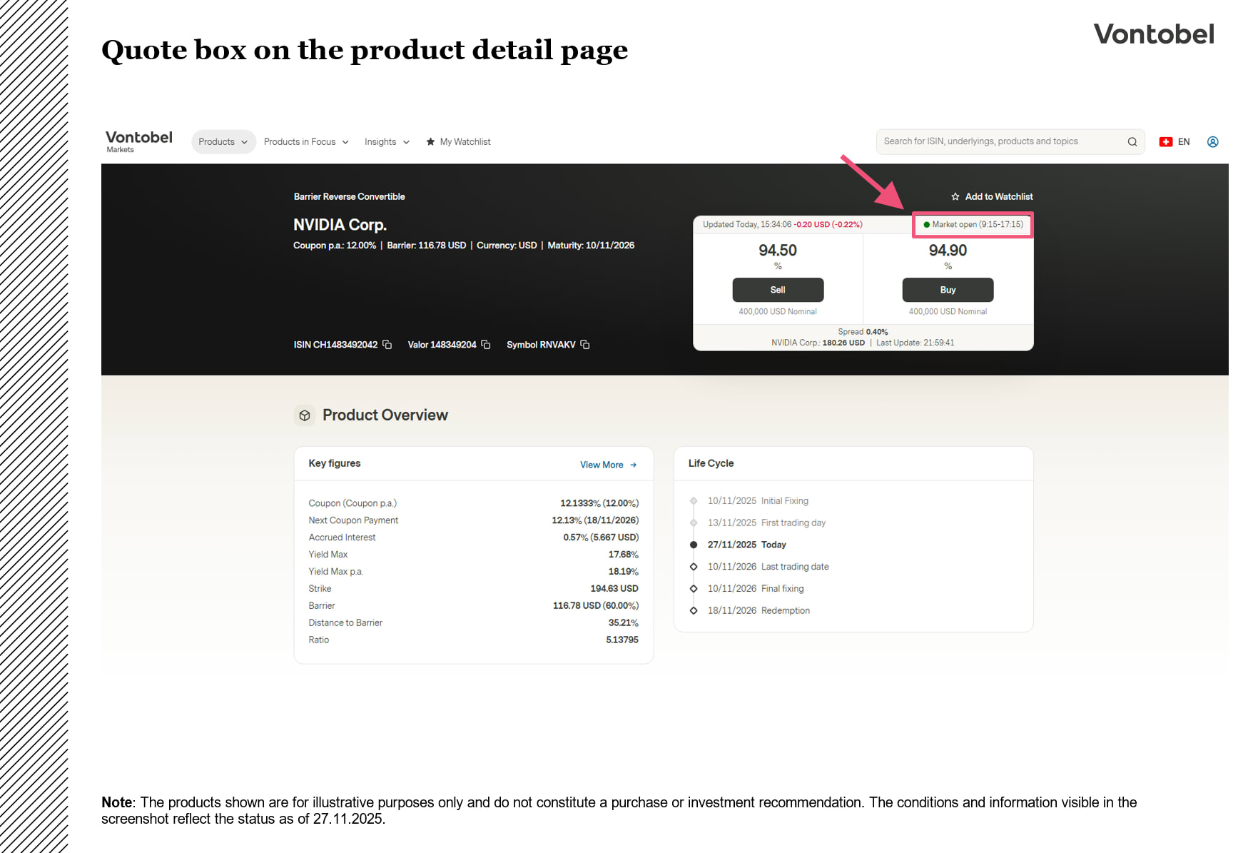 Quote box on product detail page Vontobel Markets