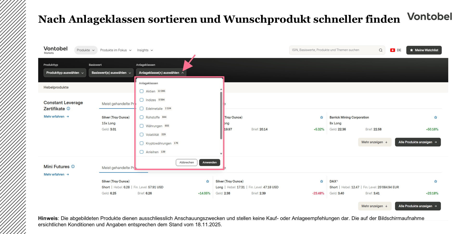 Die Grafik zeigt einen Bildschirmausschnitt der Produktüberblickseite auf Vontobel Markets