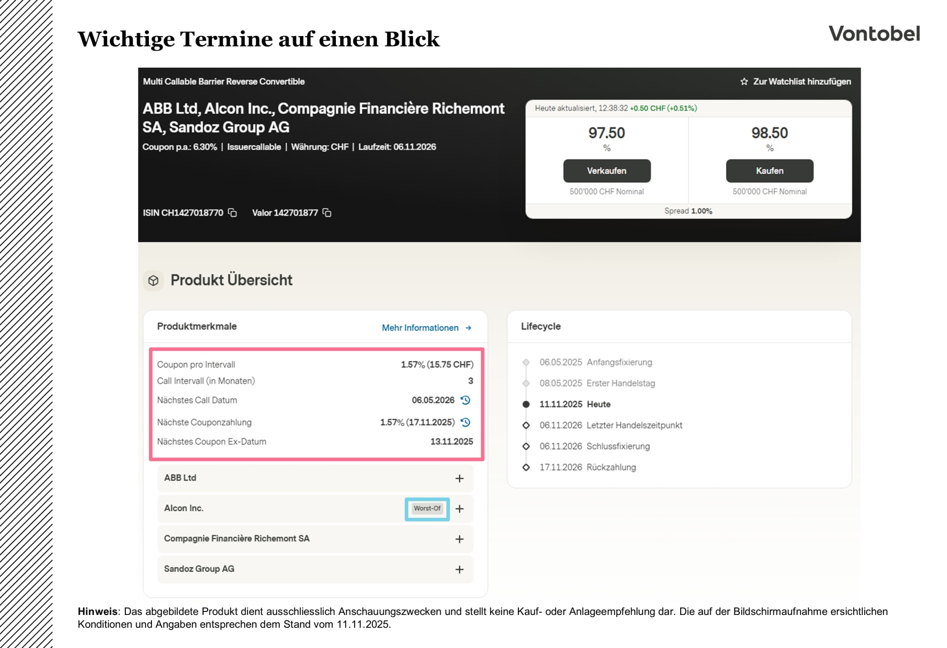Bildschirmausschnitt eines Multi Callable BRC auf Vontobel Markets