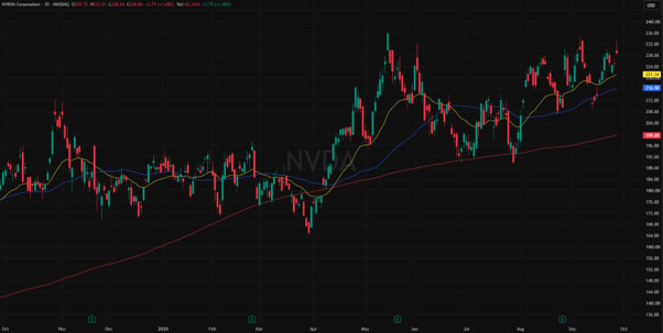 NVIDIA share price over five years, showing long-term growth, market cycles, major highs and lows, and trend changes.