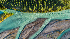 Blick von oben auf grüner Wald und blauen Fluss den in verschiedene Richtungen geht