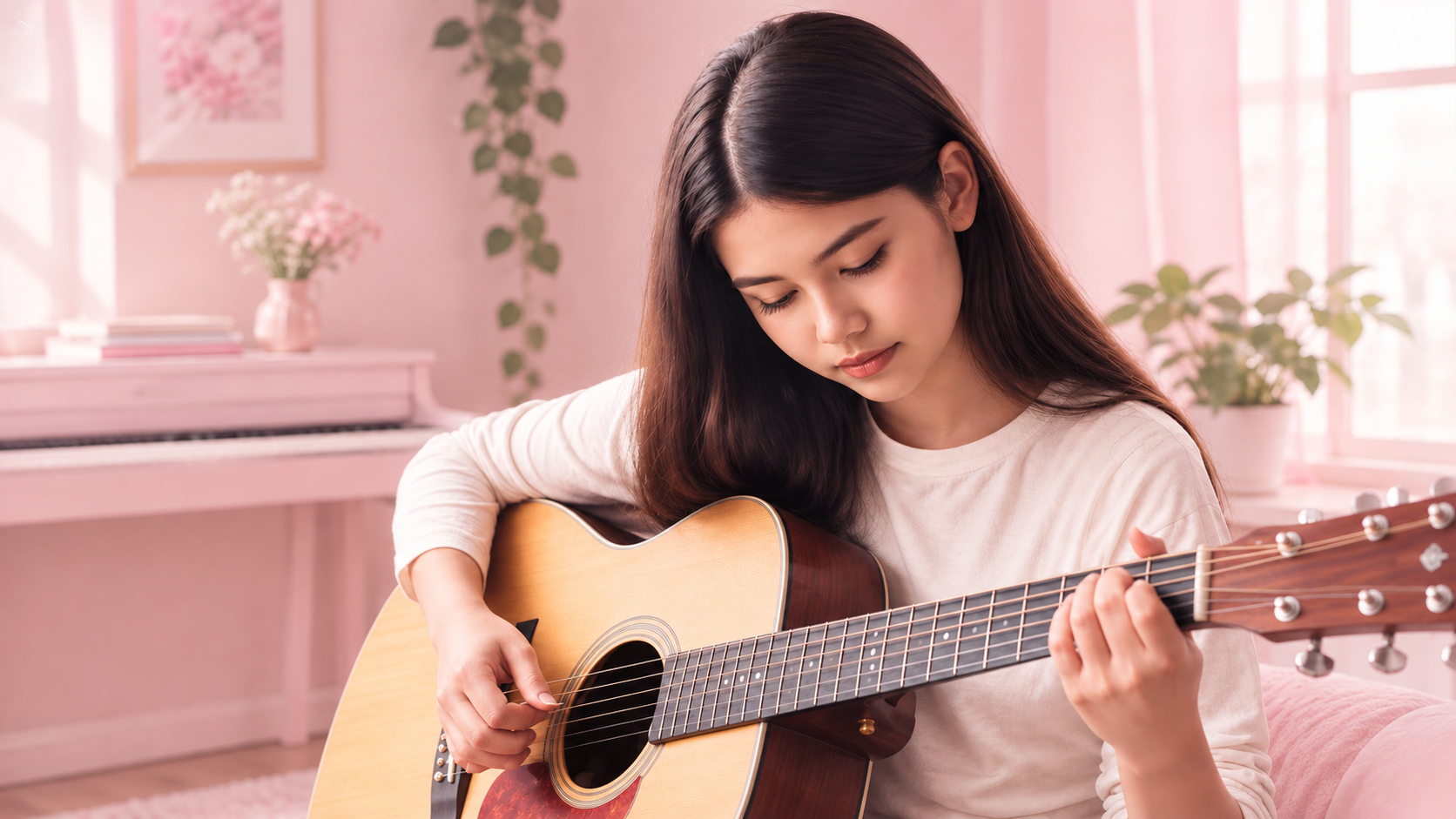 Student playing acoustic guitar at Synchrocity Music School