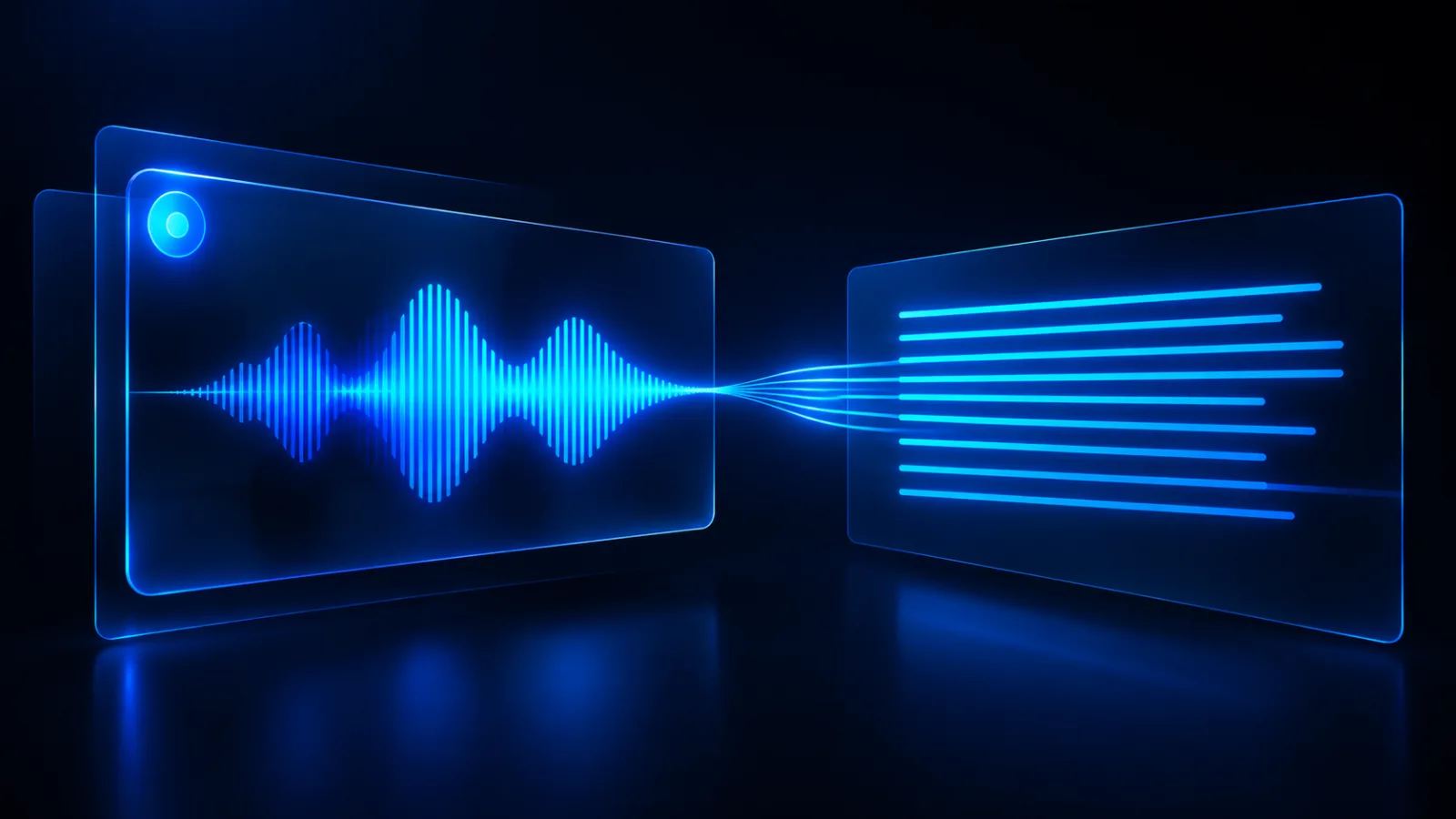 Glowing blue waveform transforming into neat parallel lines inside translucent glass panels, representing a conversation becoming a transcript