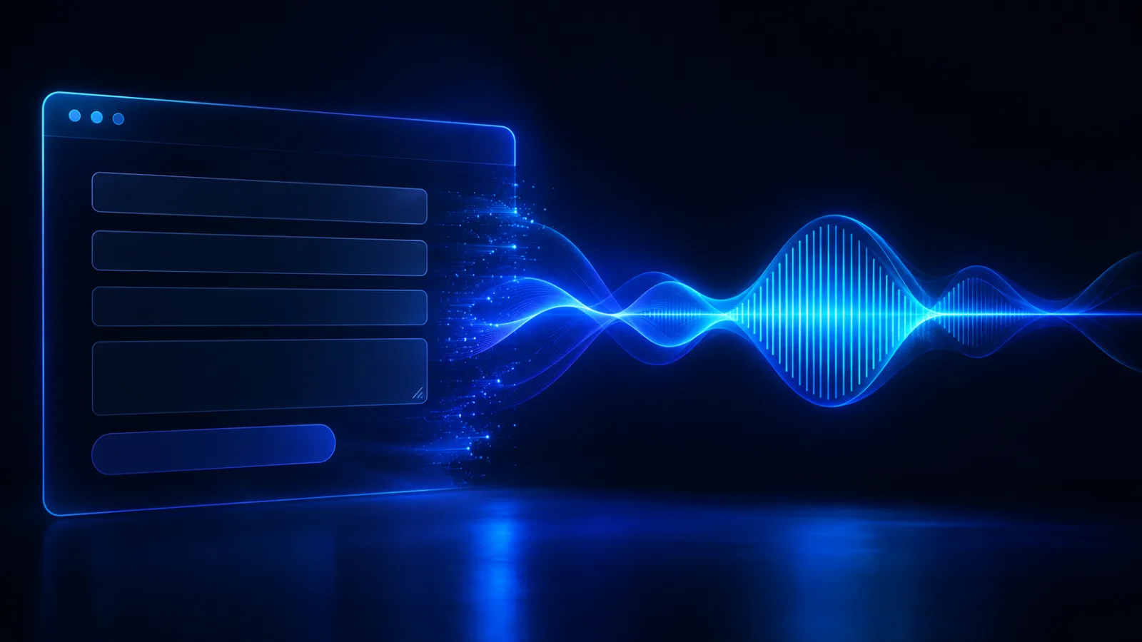 Dark glass form fields dissolving into a bright blue and cyan voice waveform