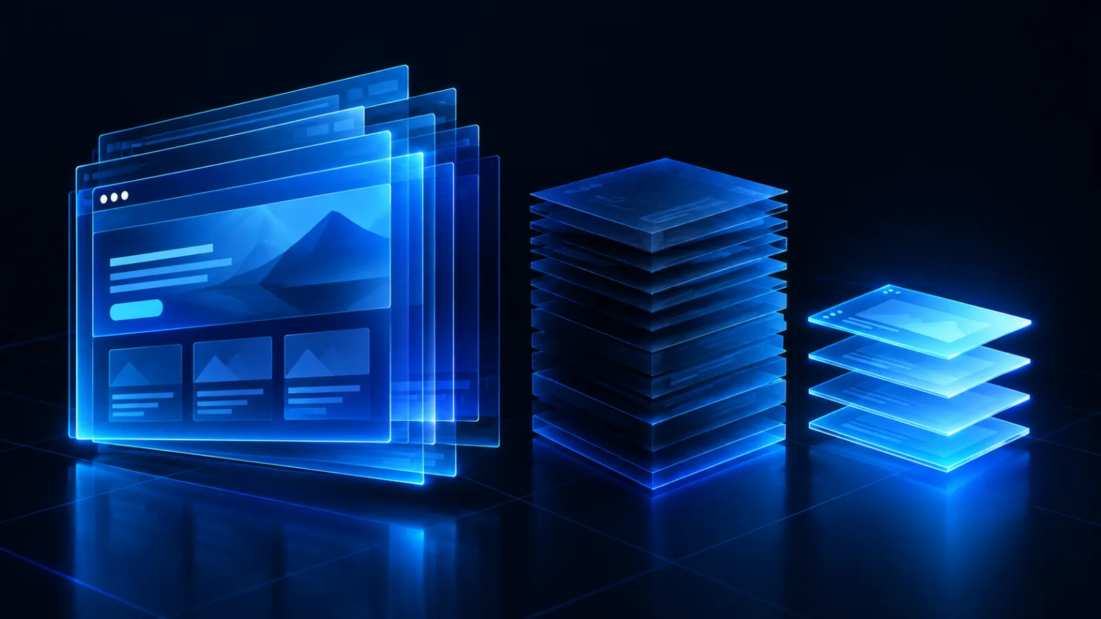 A layered glass website interface beside a dense dark stack and a smaller bright stack representing different payload weights