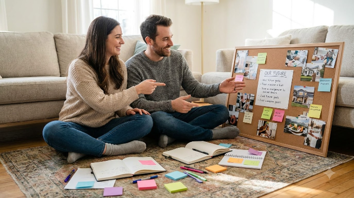 A couple sitting on the floor at home surrounded by notebooks and sticky notes, pointing at a shared vision board or list, both engaged and smiling