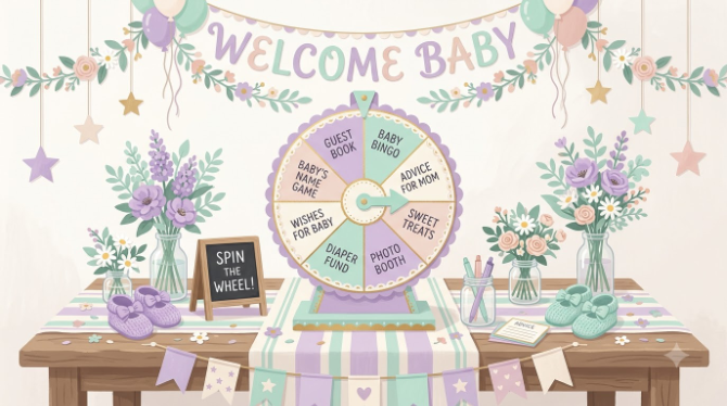 Soft pastel flat illustration of a lavender and mint baby shower spin wheel on a table decorated with tiny baby shoes, flowers, and a 'welcome baby' banner in the background