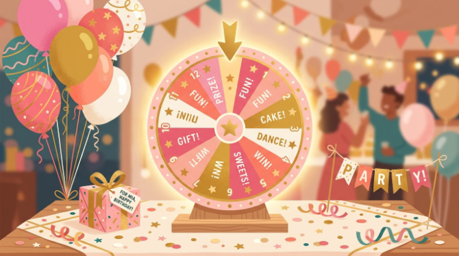 Warm flat-style illustration of a pink and gold spin wheel glowing on a table at a birthday party, surrounded by balloons, confetti, and a small gift box, festive color palette