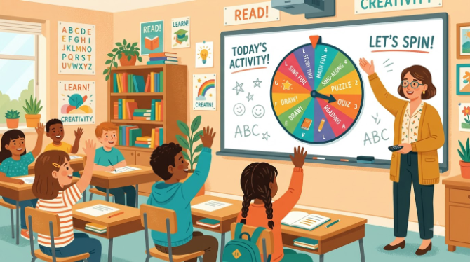 Bright flat illustration of a colorful spin wheel projected on a classroom whiteboard, with a teacher gesturing toward it and students raising their hands, warm educational color palette