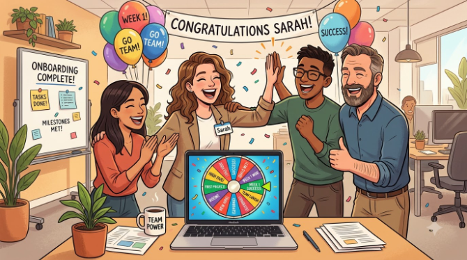 Illustration of a small team celebrating around a laptop showing a spin wheel, representing a successful first week for a new employee