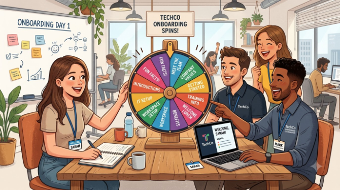 Illustration of a spin wheel used during a new employee onboarding session, with a small team gathered around a laptop