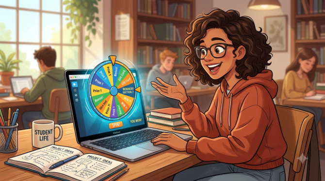 Illustration of a student happily speaking while looking at a spin wheel on a laptop screen