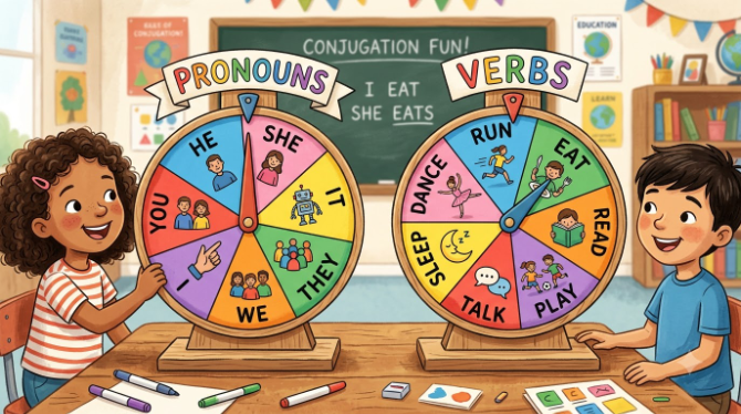 Illustration of two spin wheels side by side, one labelled with pronouns and one with verbs, representing a double-spin verb conjugation activity