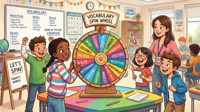 Illustration of a spin wheel filled with vocabulary words being used in a language classroom