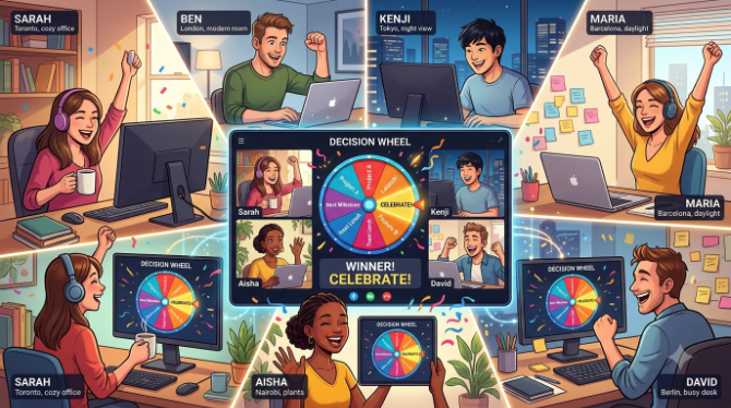 Illustration of a small distributed team celebrating a decision made via spin wheel across multiple connected devices