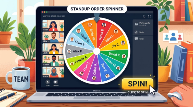 Illustration of a wheel with team member names about to be spun to decide speaking order in a virtual standup