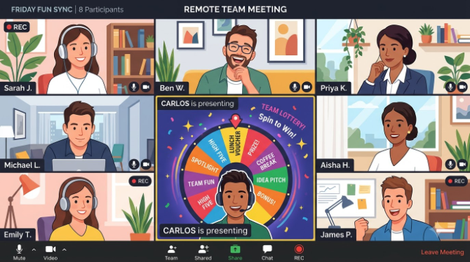 Illustration of a video call grid with a spin wheel shared on screen, representing a remote team meeting