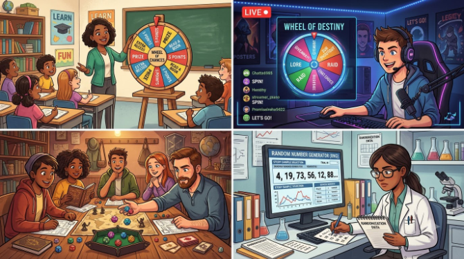 A four-panel illustrated collage: a teacher spinning a wheel in class, a streamer's overlay showing a wheel spin, a tabletop gamer rolling dice, and a researcher reading a number-generator screen