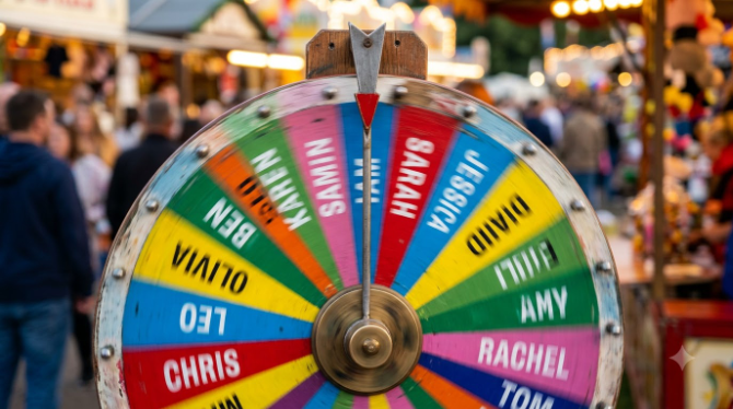 Close-up of a bright multi-coloured spin wheel mid-spin with a pointer arrow, names visible on the segments