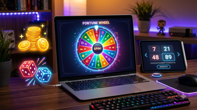 A colourful digital spin wheel glowing on a laptop screen, surrounded by illustrated icons of a coin, dice, and a number generator