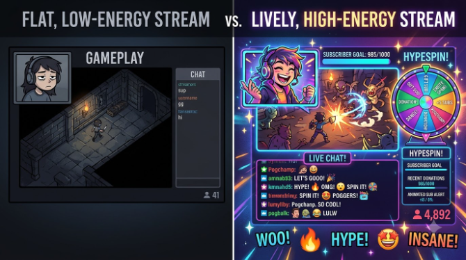 Split illustration comparing a flat, low-energy stream overlay against a lively one with a glowing spin wheel, chat overlay, and excited viewer reactions