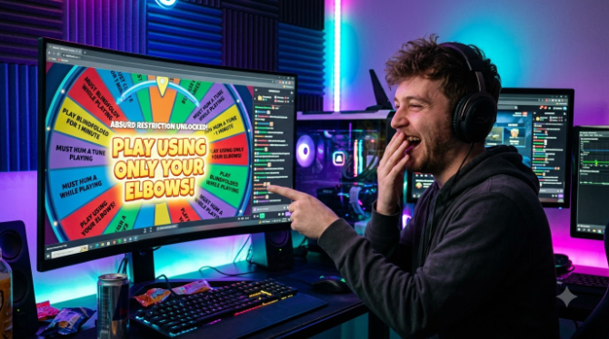 A gamer at a battle-station setup laughing in disbelief at a monitor showing a spin wheel that landed on an absurd restriction, colourful RGB lighting in the background