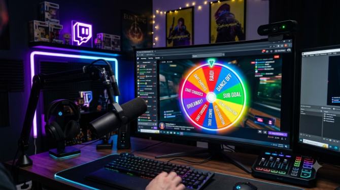 A streamer's desk setup at night with a large monitor showing a colourful spinning challenge wheel overlay, webcam and microphone visible in the foreground
