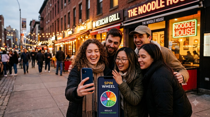 A group of friends checking a spin wheel result on a phone before deciding where to eat out