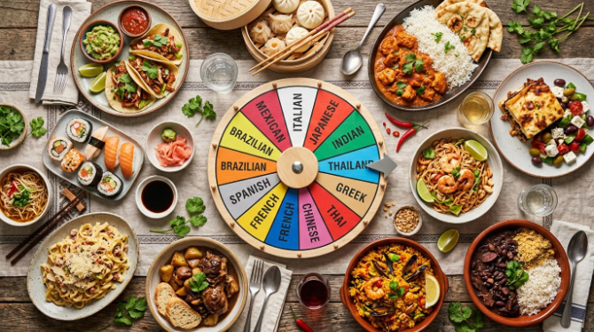 Flat-lay of dishes from different world cuisines arranged around a cuisine-themed spin wheel