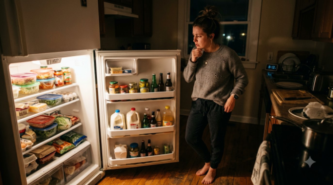 Person staring into an open fridge at the end of a long day, unsure what to make for dinner