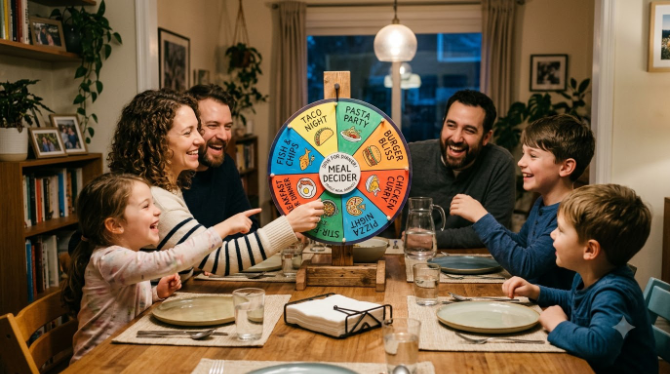 A family dinner table with a spin wheel used to decide what meal to cook tonight