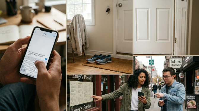 Everyday decision moments — an unsent message, running shoes by the door, and two friends choosing where to eat